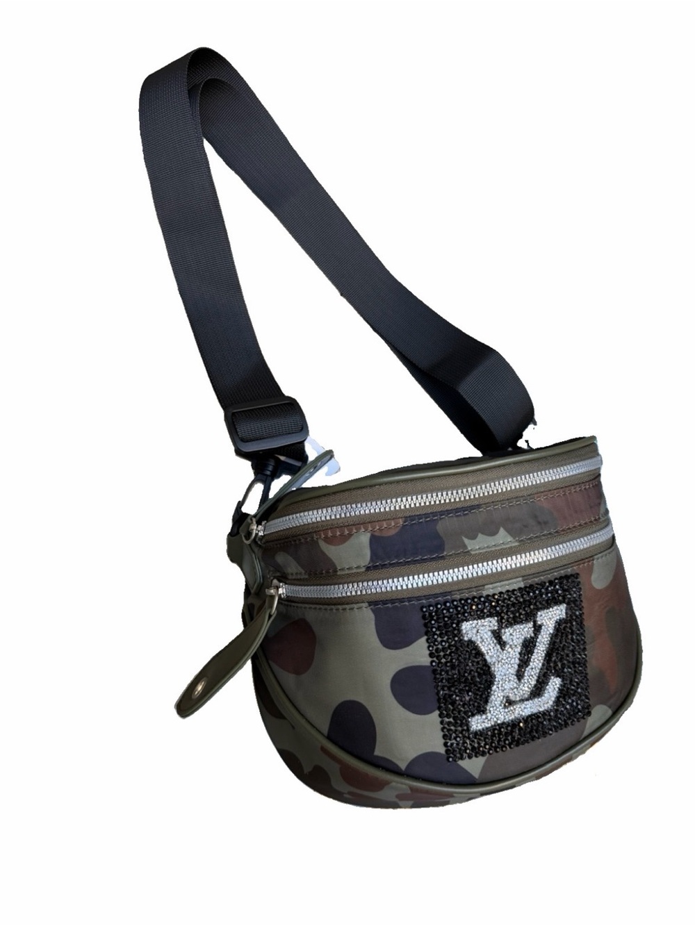 New Handmade Camouflage Bum Bag / Crossbody Bag Embellished Logo Panel - Green - Picture 3 of 7